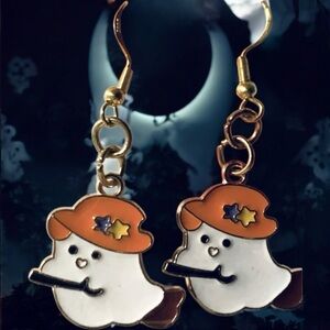 Lady Ghost & An Orange Flower Hat & Wand Precious White Enamel Dangle Earring